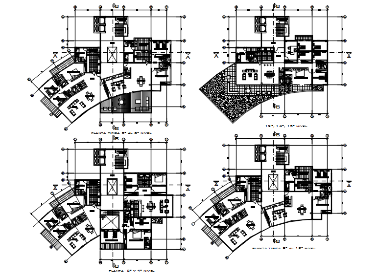 Architectural plan of the hotel building with furniture details in dwg file