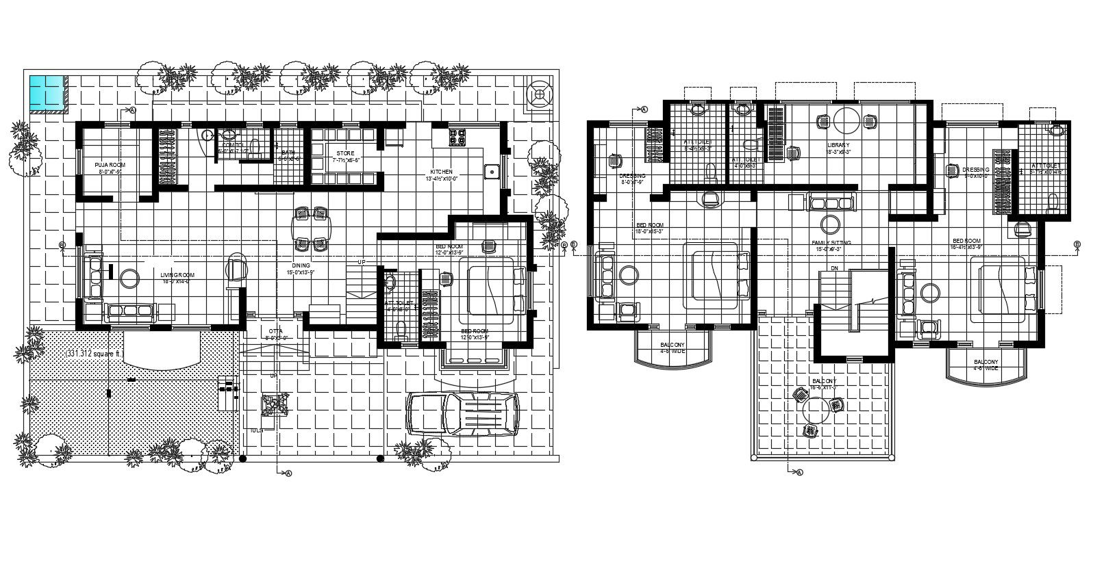 Architectural plan of the house with furniture details in dwg file