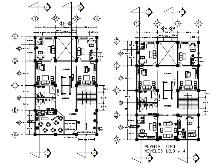 Architectural plan of the office building with furniture details in dwg file