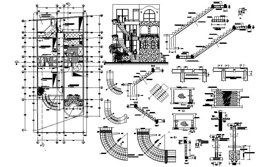 Architectural plan of the restaurant with elevation in dwg file