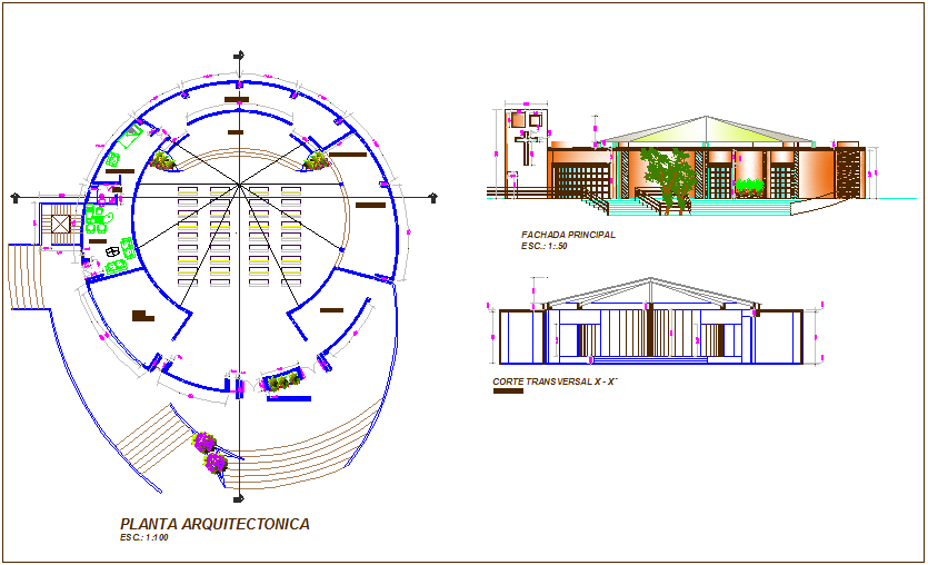 Architectural plan with elevation and section view of multi purpose room dwg file