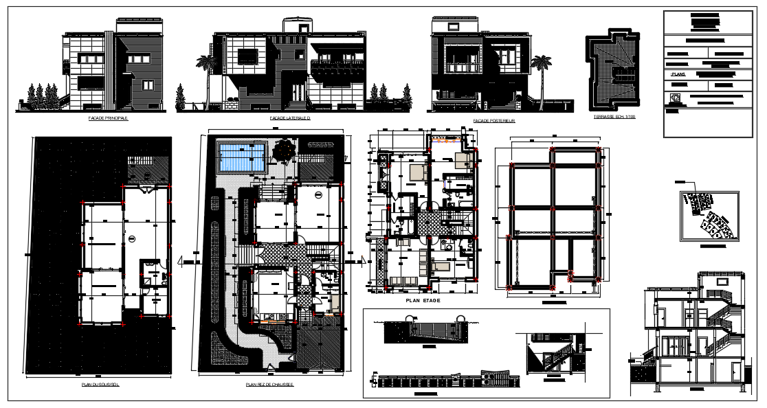 Architectural view of Villa house elevation plan dwg file