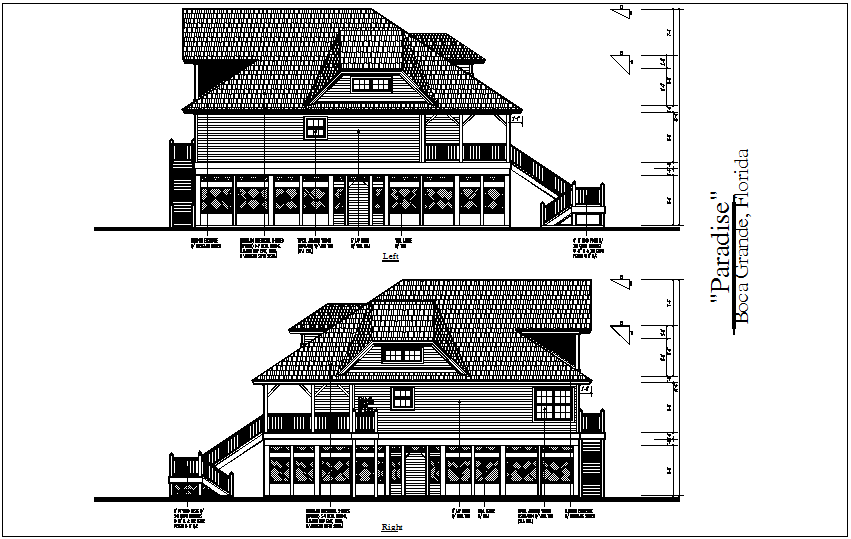 Architectural view of bungalows with left and right view dwg file
