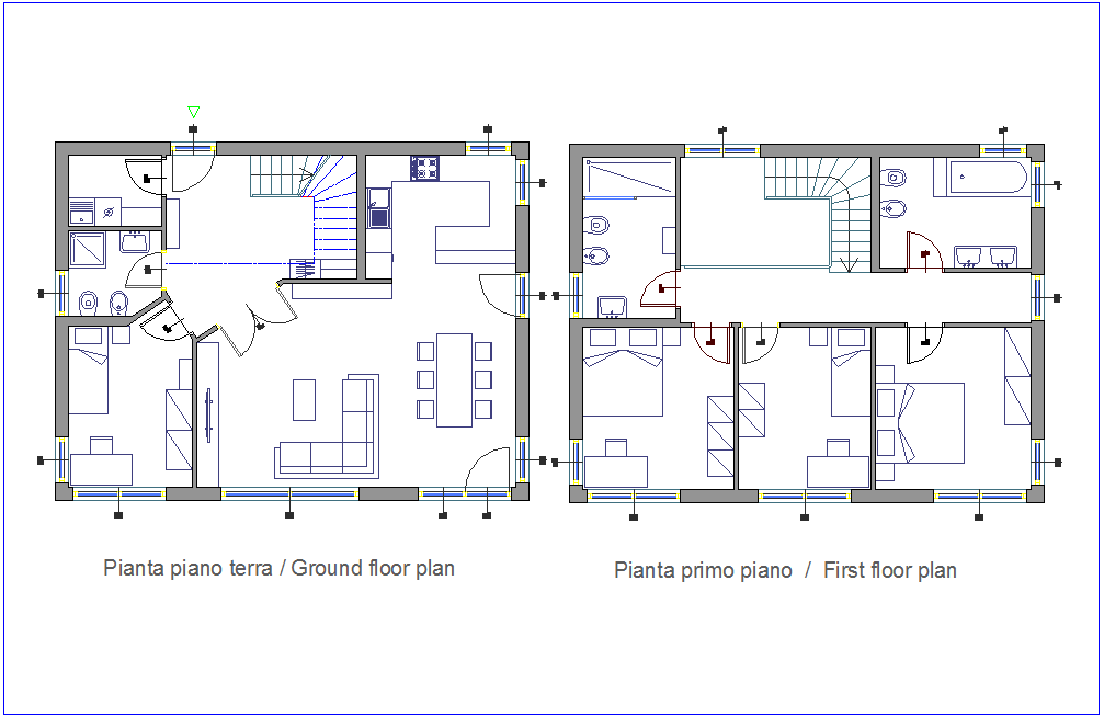 Architectural view of family plan with ground floor and first floor plan dwg file
