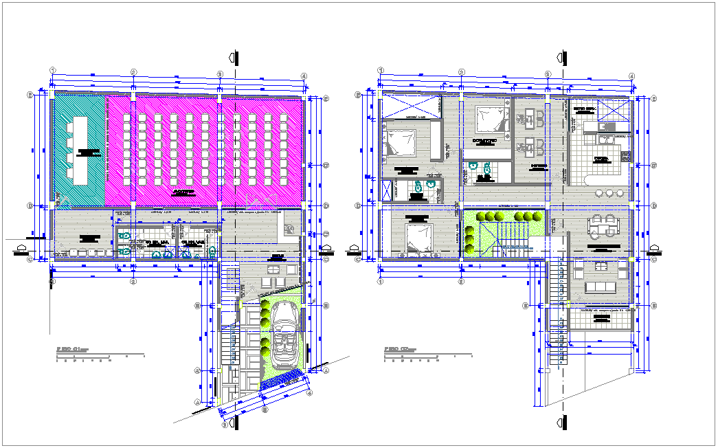 Architectural view of first and second floor plan for family housing dwg file