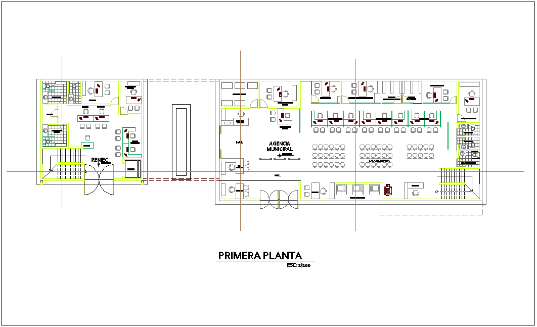 Architectural view of first floor plan for administration building dwg file