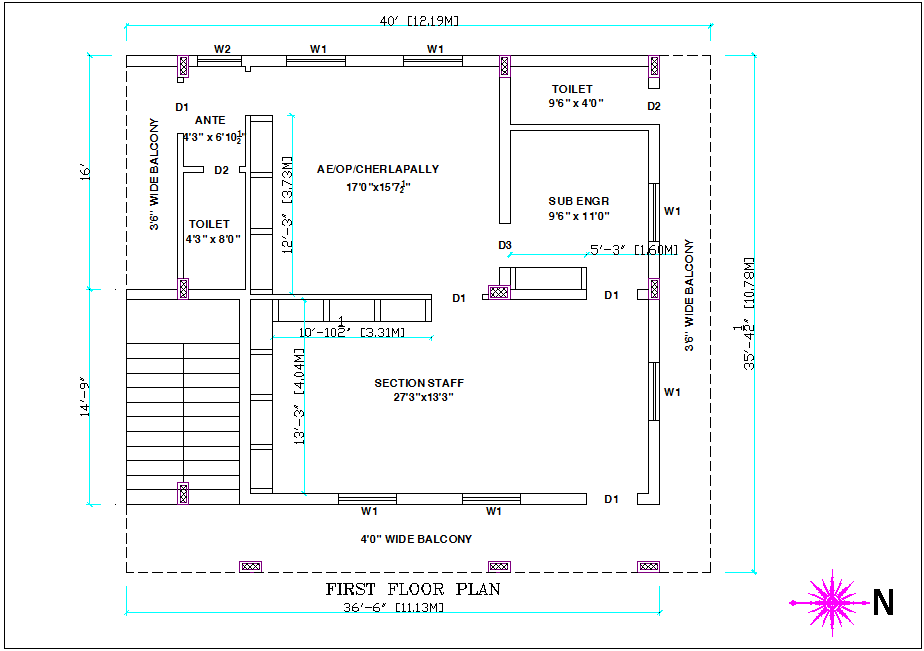 Architectural view of first floor plan general view of office dwg file