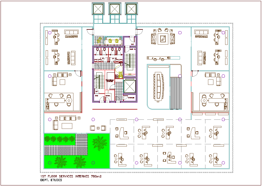 Architectural view of first floor plan of bank head quarter dwg file