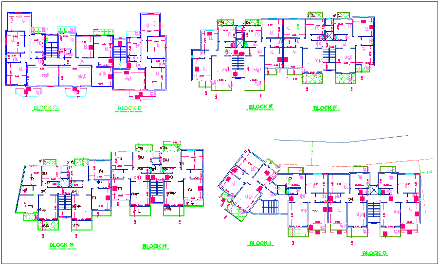 Architectural view of high rise building with block C to O plan dwg file