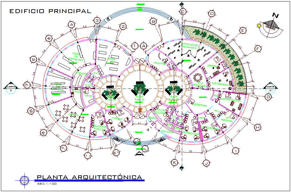 Architectural view of plan of administration building dwg file