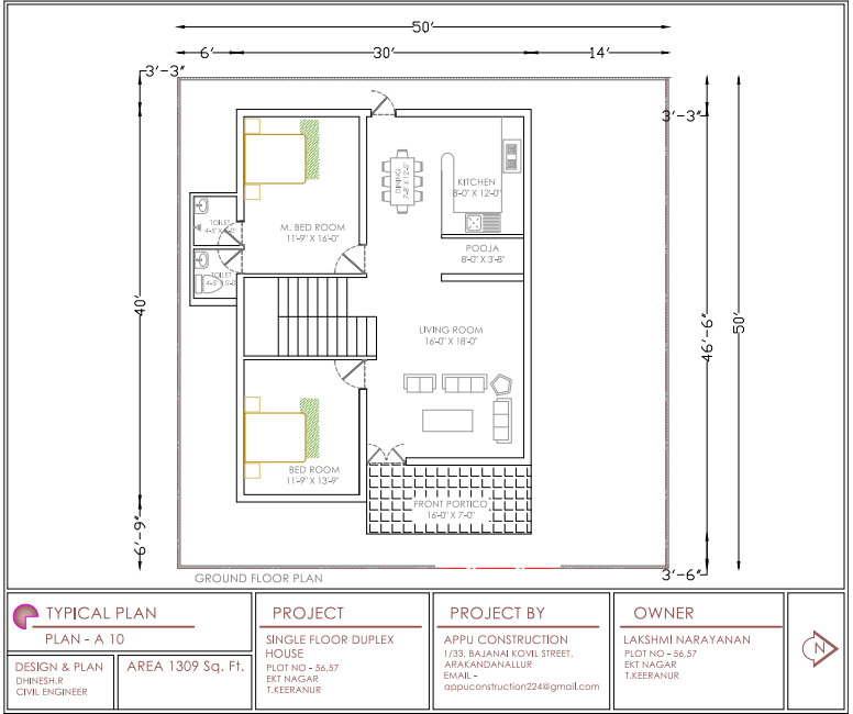 Architectural Drawing of Single-Floor Duplex House Design in DWG File