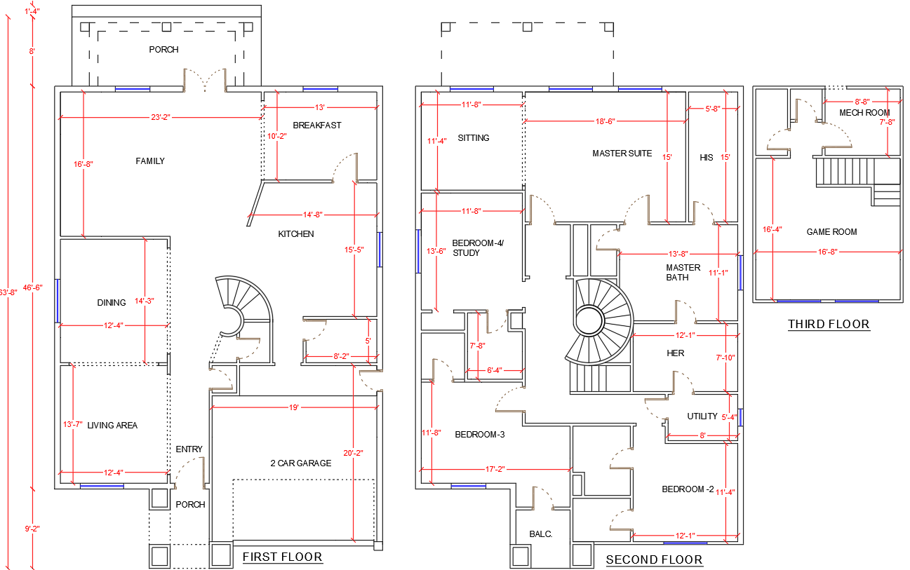 Floor-wise G plus 2 House Design Available in DWG Format