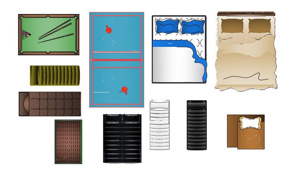 Architectural drawing colorful blocks of the snooker table, table tennis, bed, and sofa design, Download the AutoCAD file.