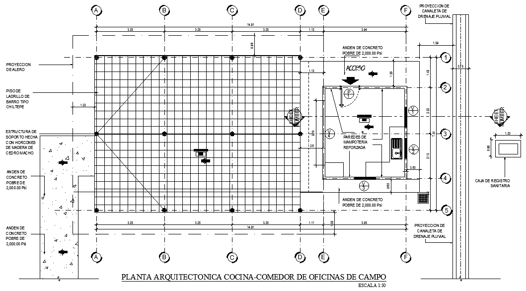 Architectural floor kitchen-dining room of 28x12m field offices plan is given in this Autocad drawing file.Download now.