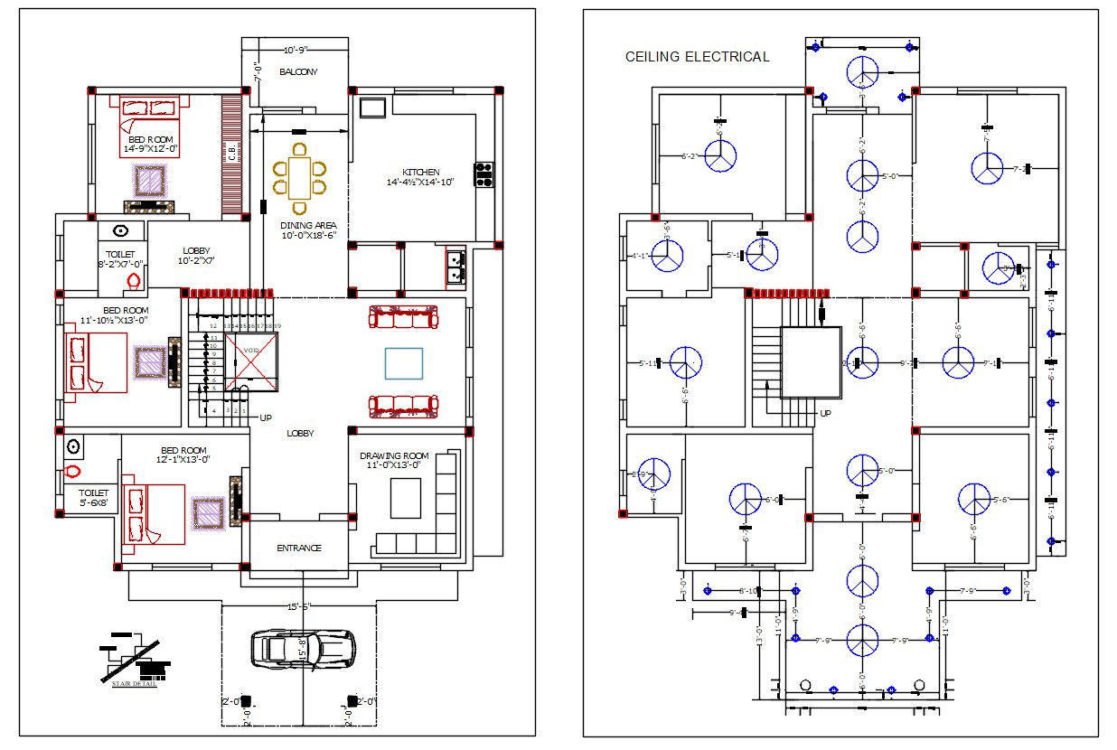 Architecture 3 BHK Bungalow Ground Floor Plan With Electrical Layout Plan AutoCAD File
