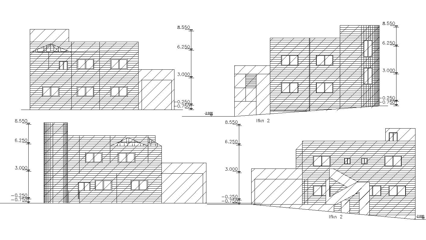 Architecture Building Four Side Elevation With Dimension