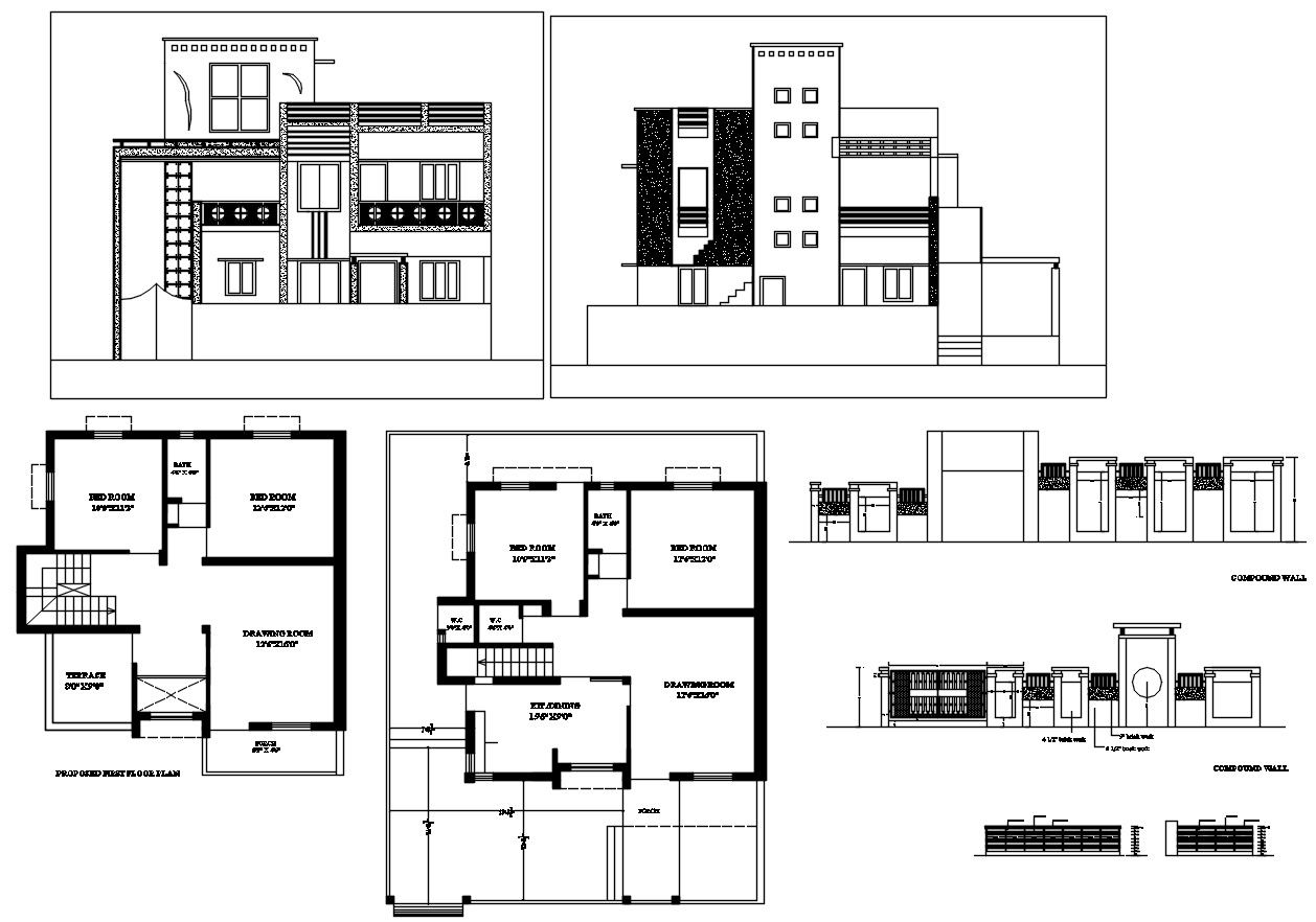 Architecture Bungalow Layout Plan With Elevation Design DWG File