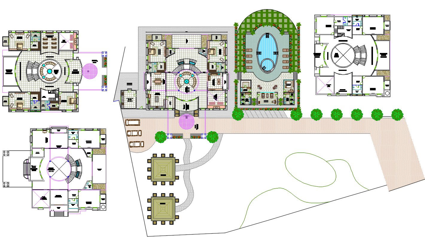 Architecture Bungalow Plan With Swimming Pool AutoCAD File