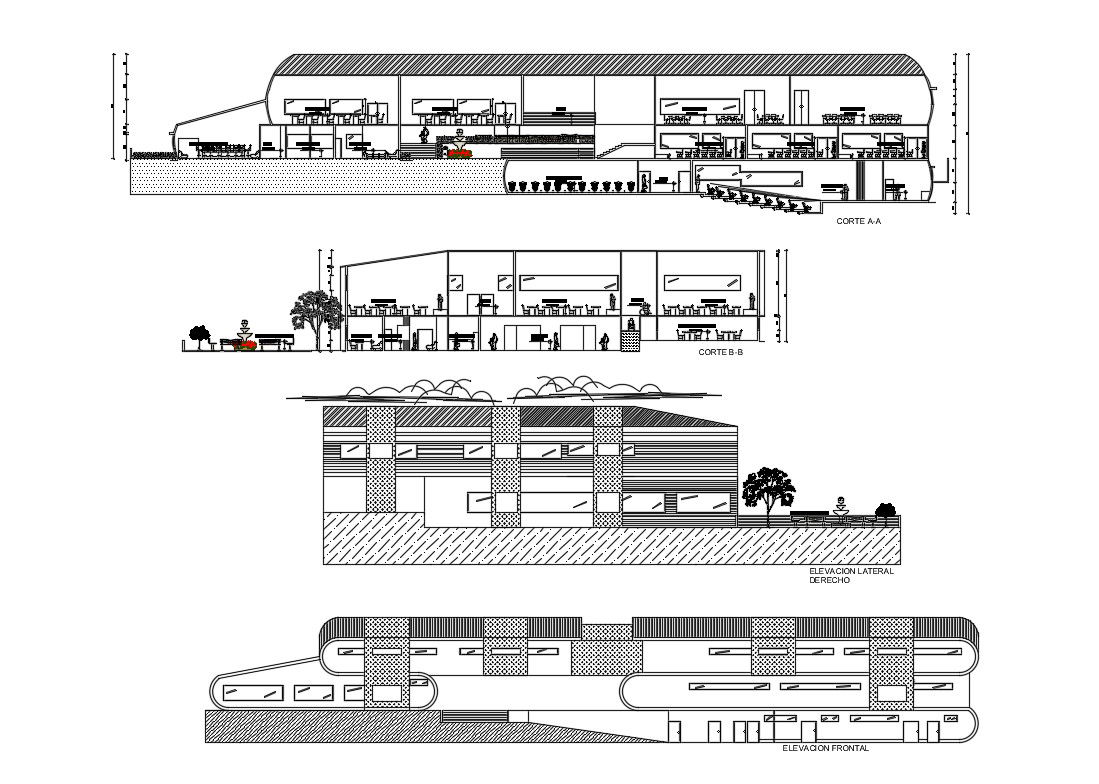 Architecture Luis college building elevation and sectional details dwg file