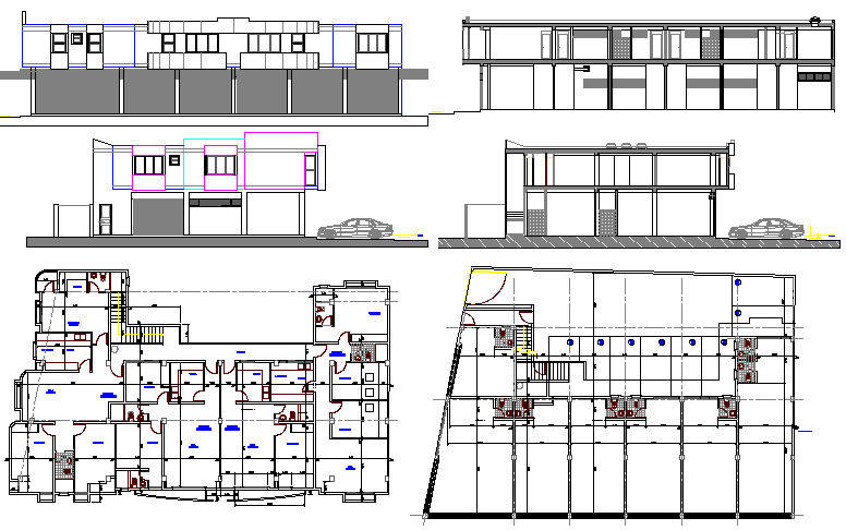 Architecture layout, elevation and section details of departmental store dwg file
