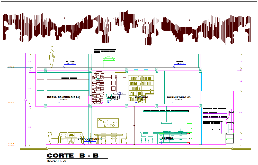 Architecture view of section B-B for family house dwg file