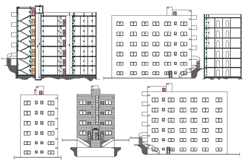 Architecture Apartment Building Sectional Elevation Drawing
