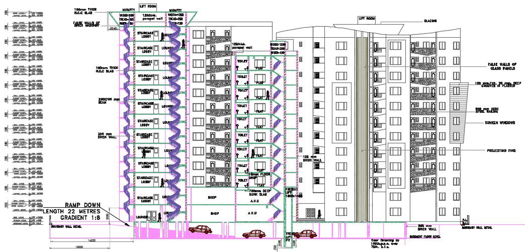 Architecture Apartment Sectional Elevation Design AutoCAD File