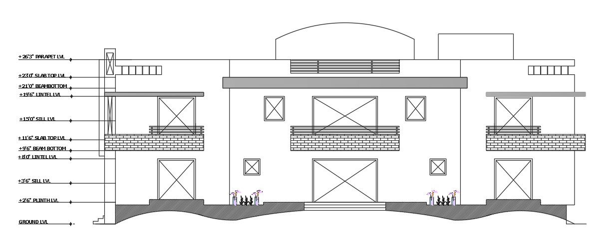 Architecture Bungalow Building Elevation Design DWG File