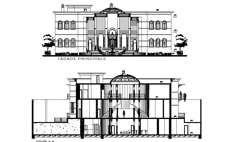 Architecture Bungalow Elevation And Section Drawing Download DWG File