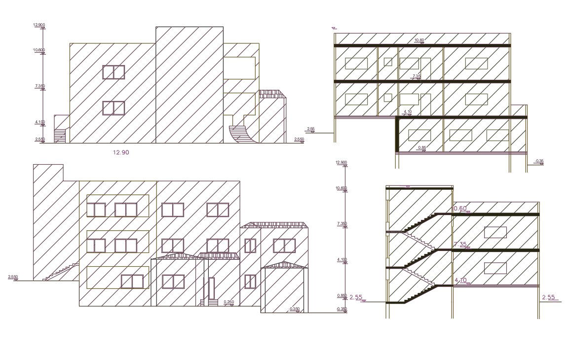 Architecture Bungalow Sectional Elevation Design DWG File