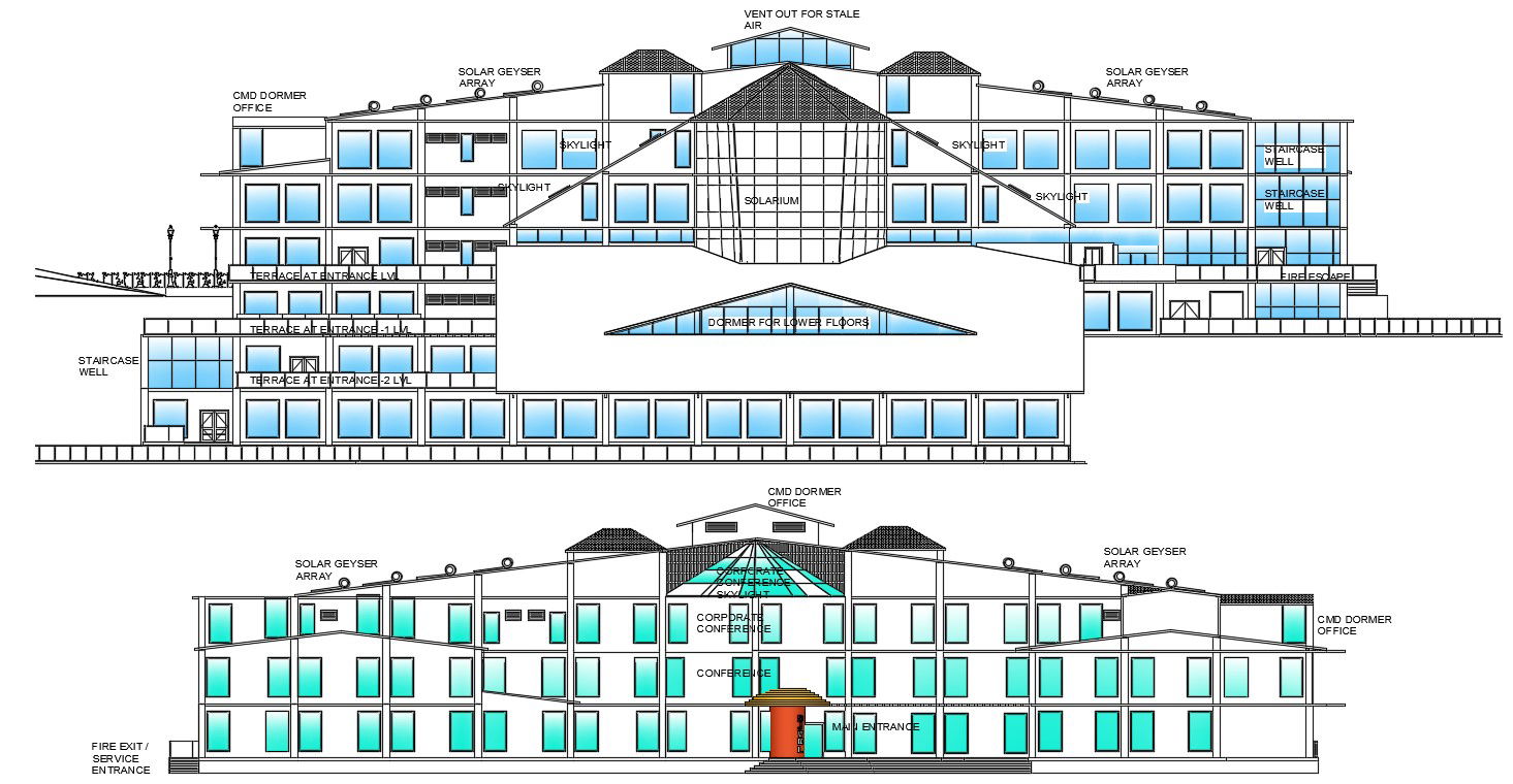Architecture Corporate Building Elevation Drawing Download DWG File