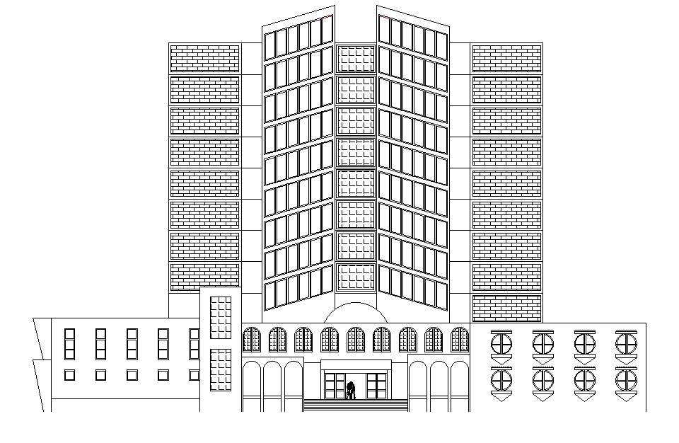 Architecture Hotel Building Front Elevation Design DWG File
