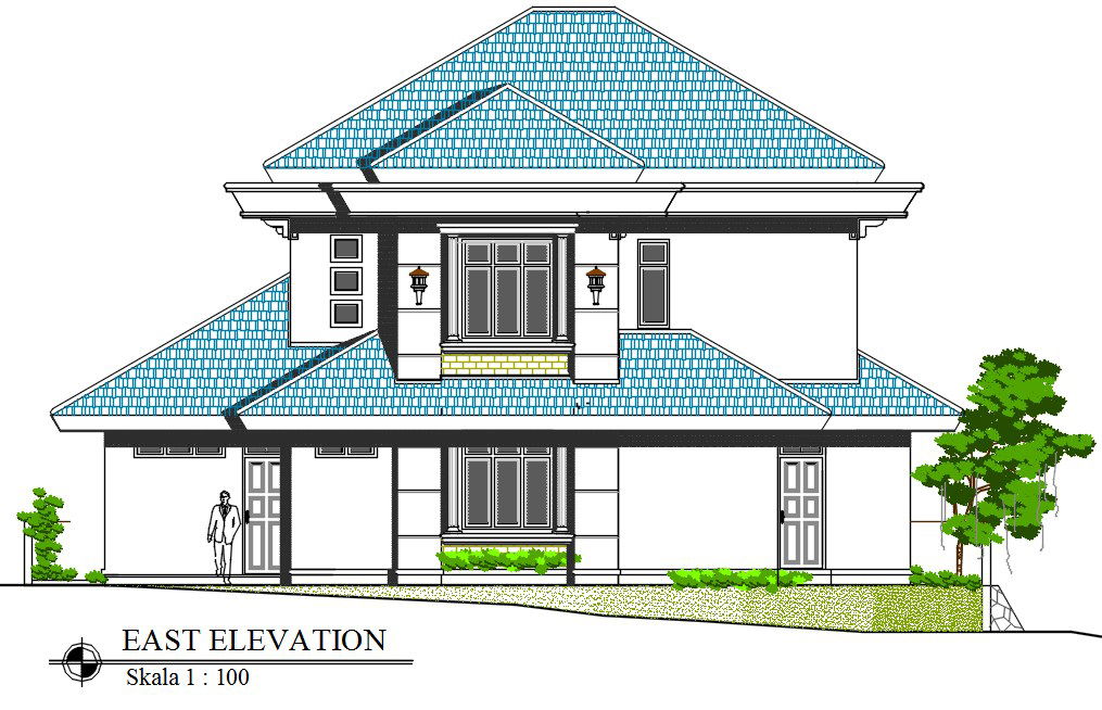 Architecture House Building East Elevation Design Download DWG File