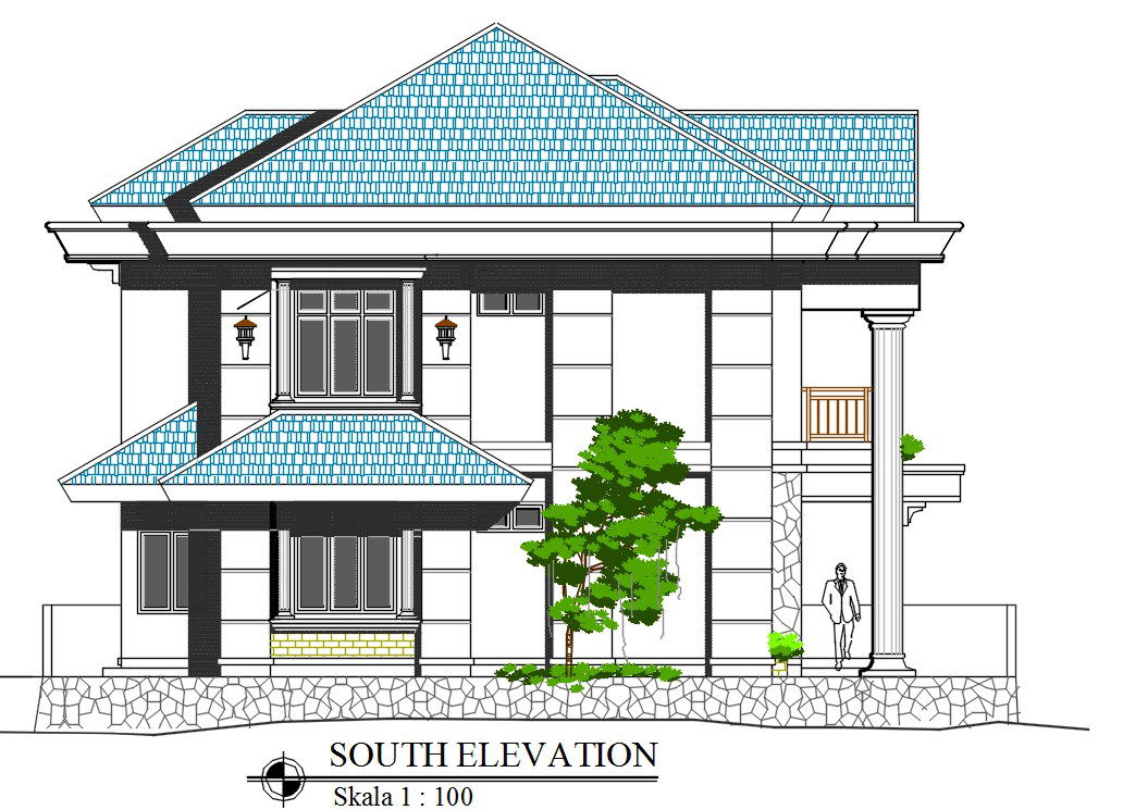 Architecture House Building South Elevation Design Download DWG File