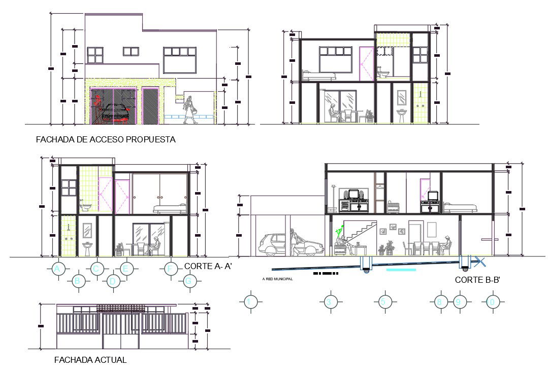 Architecture House Front Elevation Design And Section Drawing DWG File