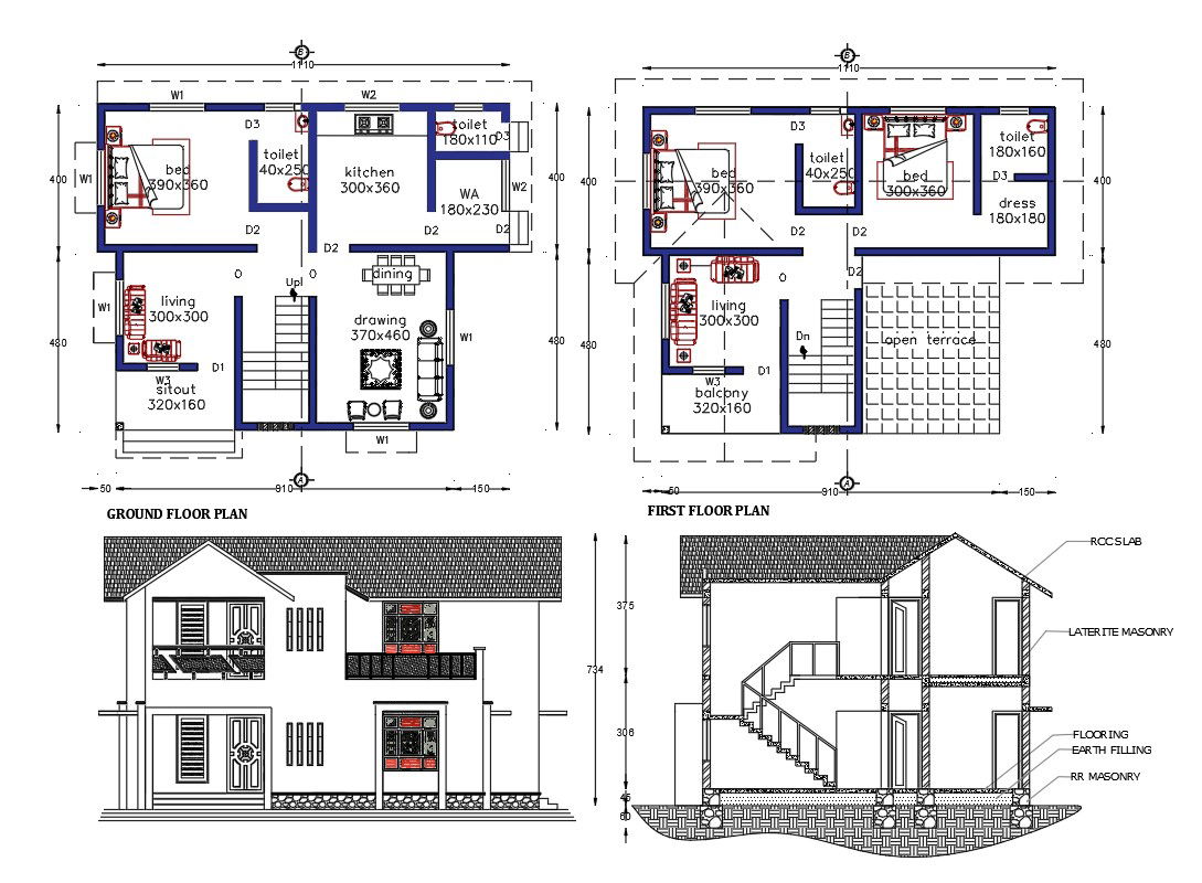 Architecture House Plan And Building Sectional Elevation Drawing DWG File