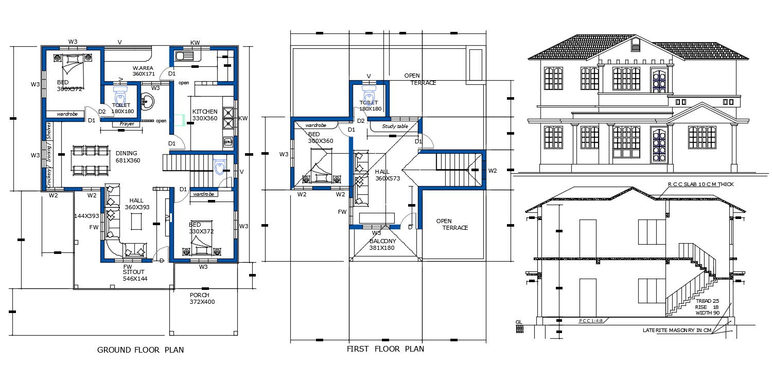 Architecture House Plan And Sectional Elevation Drawing DWG File