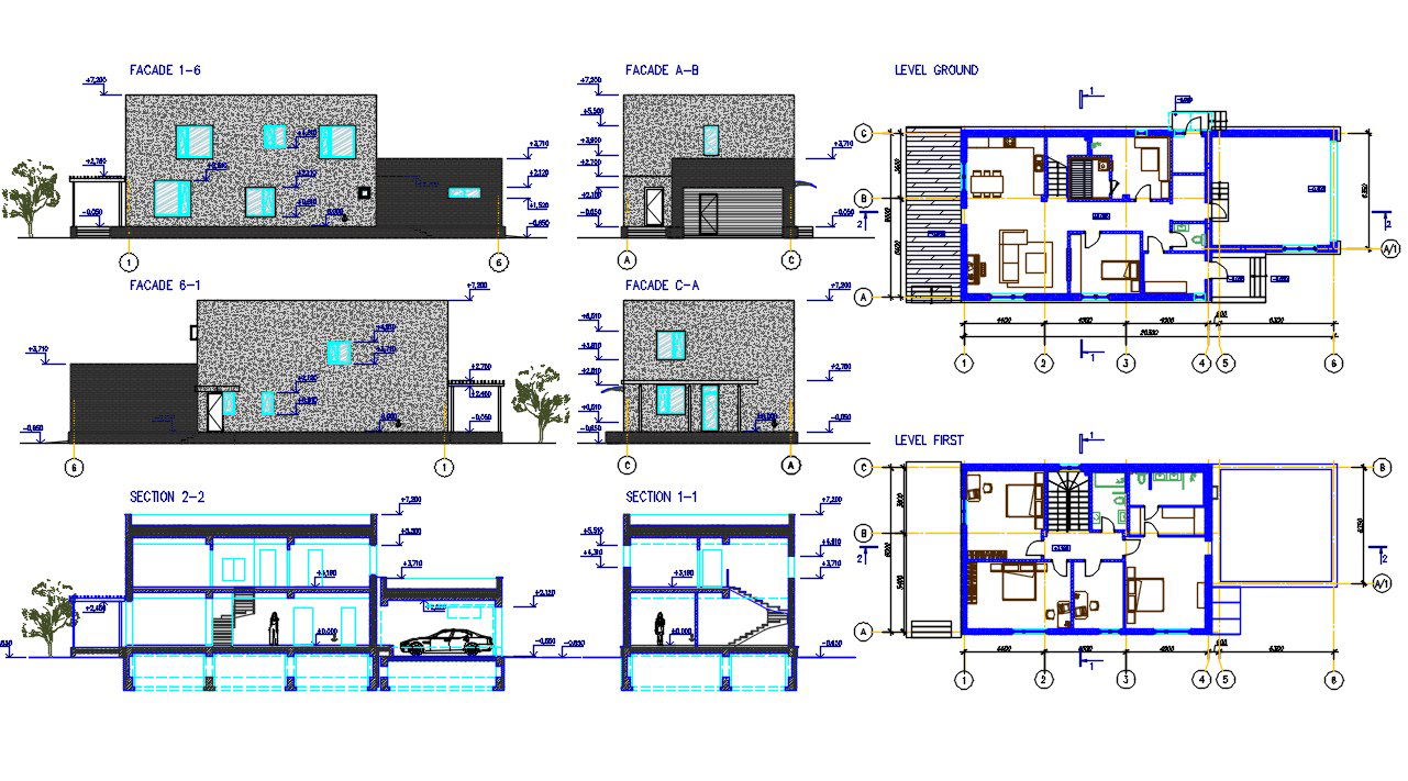 Architecture House Plan With Building Sectional Elevation Drawing