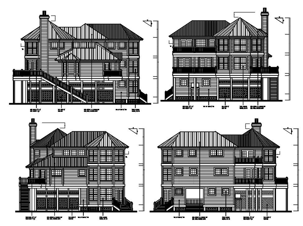 Architecture Wooden House Building All Side Elevation Design DWG File