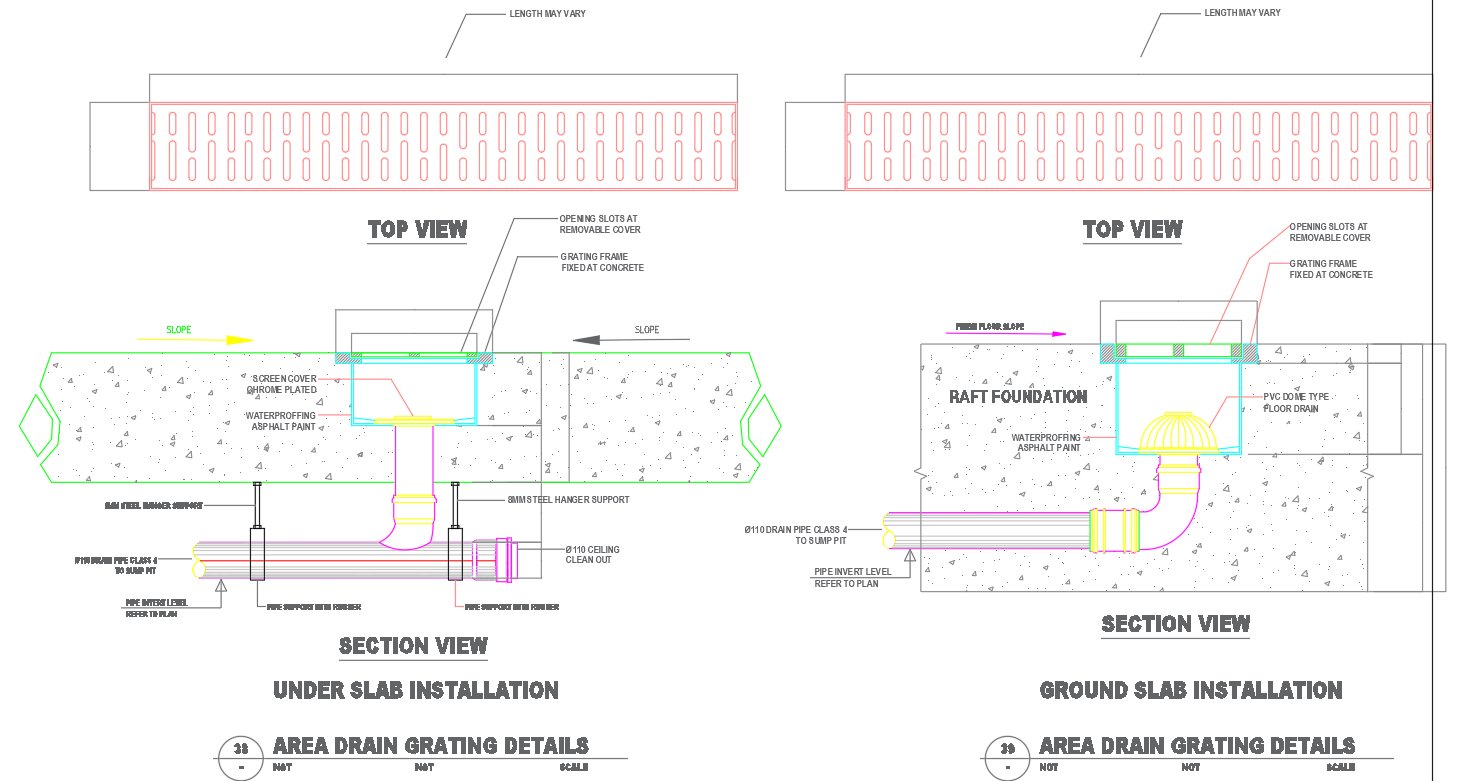 Area Drain Grating Details for Slab Installation in CAD File