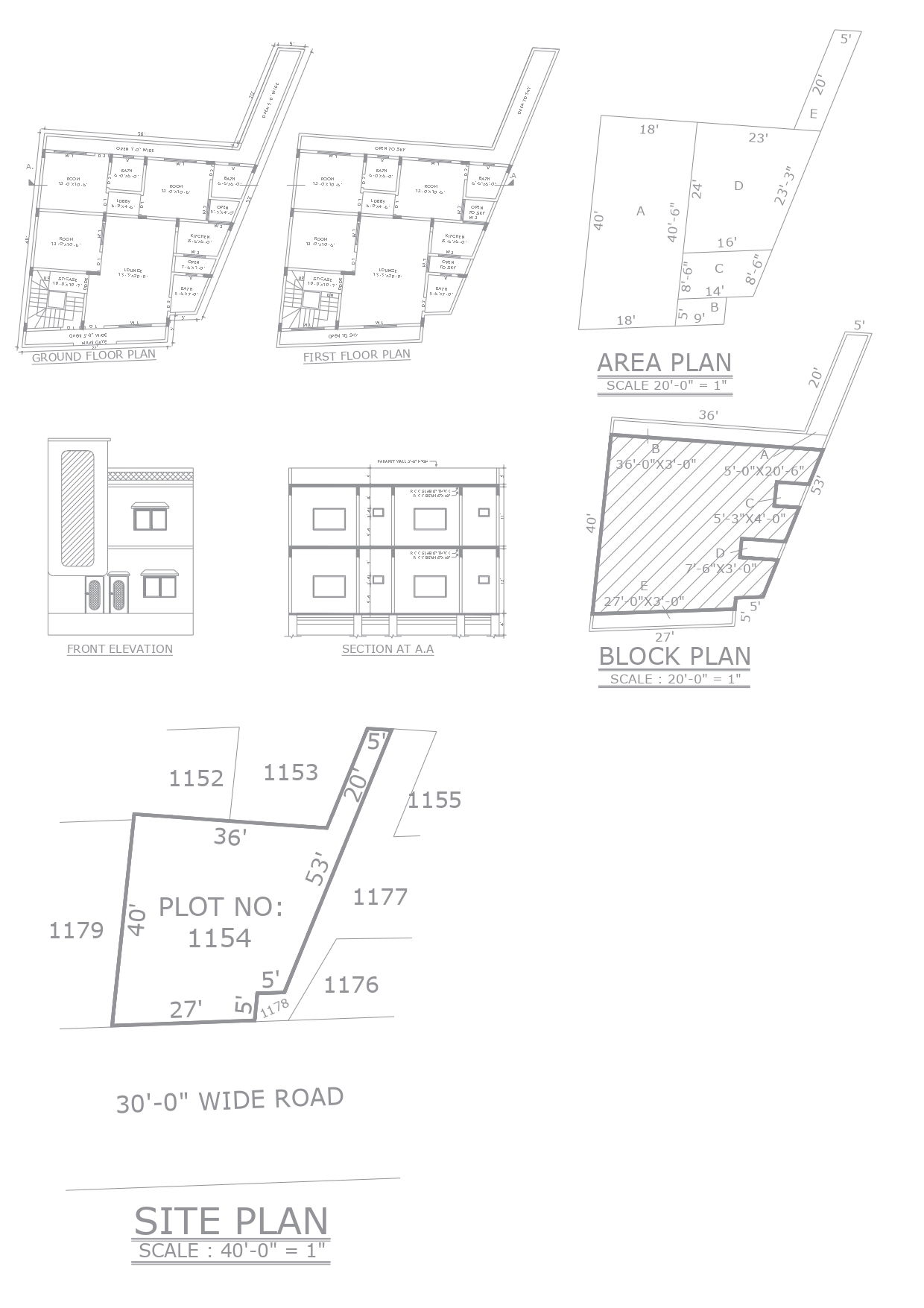 Area plan for ground plus 1 floor detailed design with all floor furniture plan dwg autocad drawing