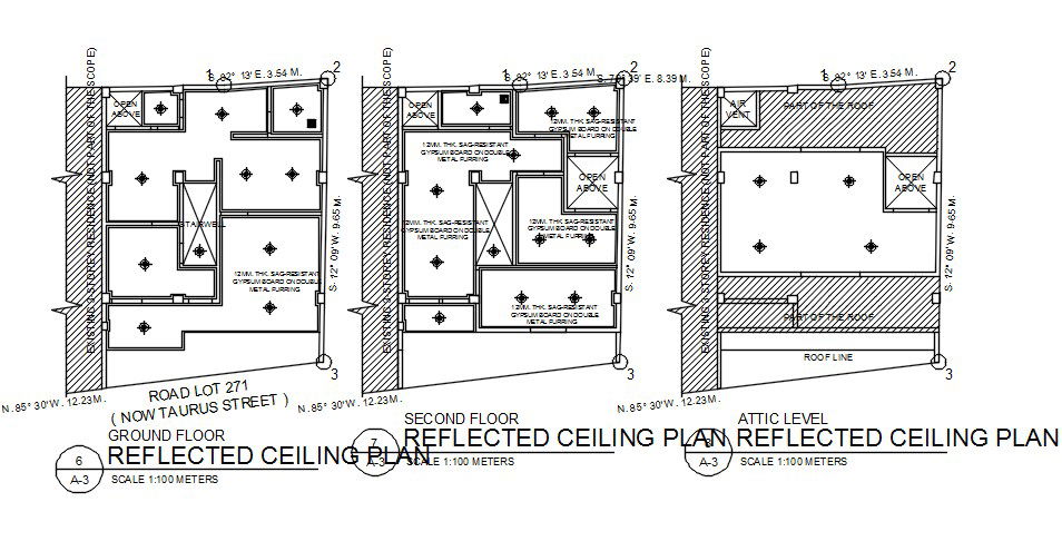 A reflected ceiling plan detail of residential building is given in this Autocad 2D DWG drawing file. Download the 2D AutoCAD drawing file.