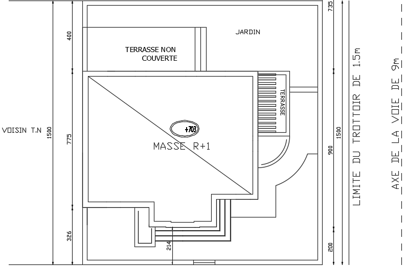 A roof layout of the 11x9m architecture two story bungalow plan cad model