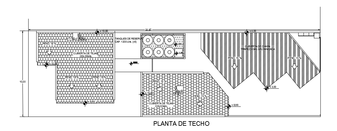 A roof layout of the 34x10m three story residential building AutoCAD model