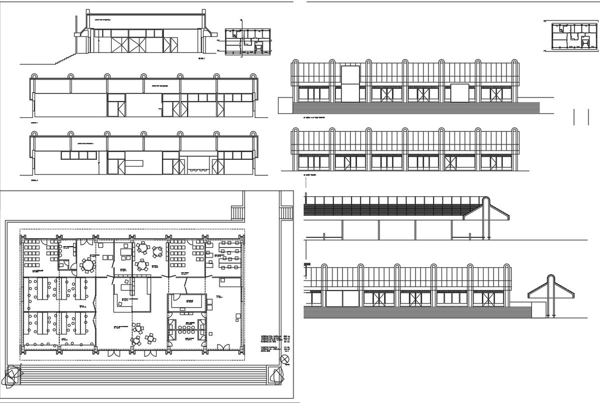 Art school elevation, section and plan details dwg file
