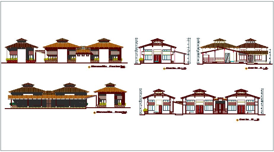 Artistic house elevation and different axis section view dwg file