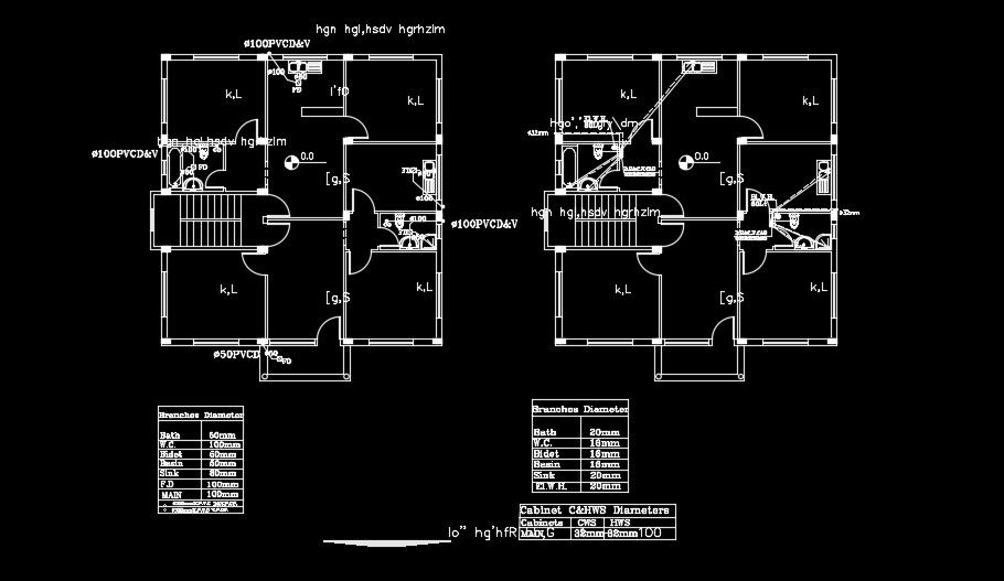 A sanitary water line layout of the 13x14m house plan