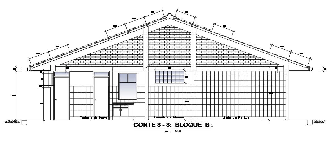 A section 3 to 3 view of the 17x12m obstetric hospital building is given in this AutoCAD model. Download now.
