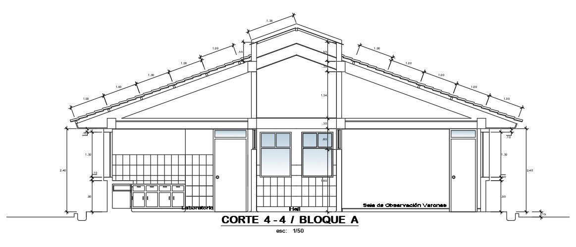 A section 4 to 4 view of the 34x14m hospital building is given in this AutoCAD drawing model.