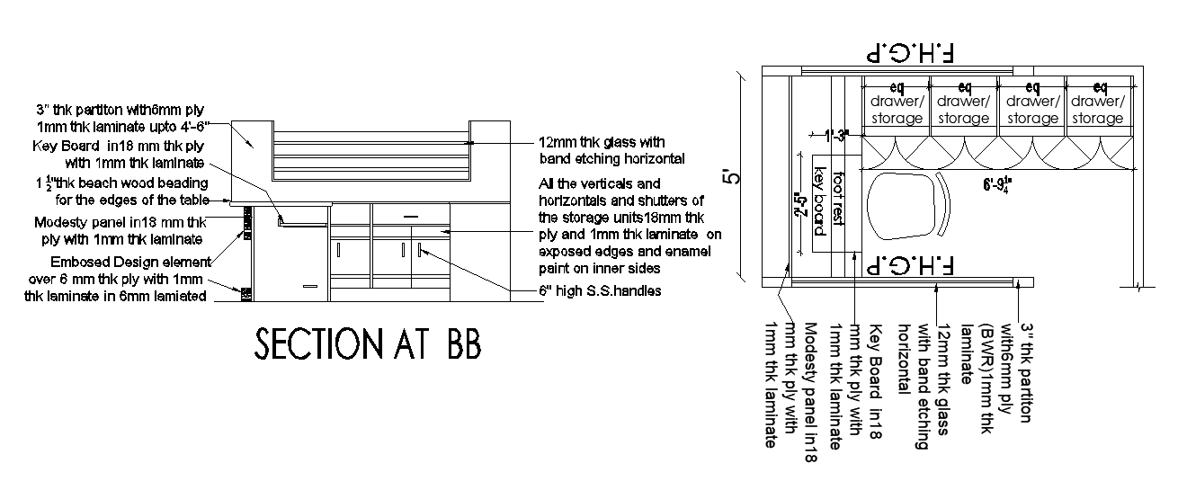 A section BB of the storage unit view of the officers & clerical tables are given in this AutoCAD drawing model. Download now.